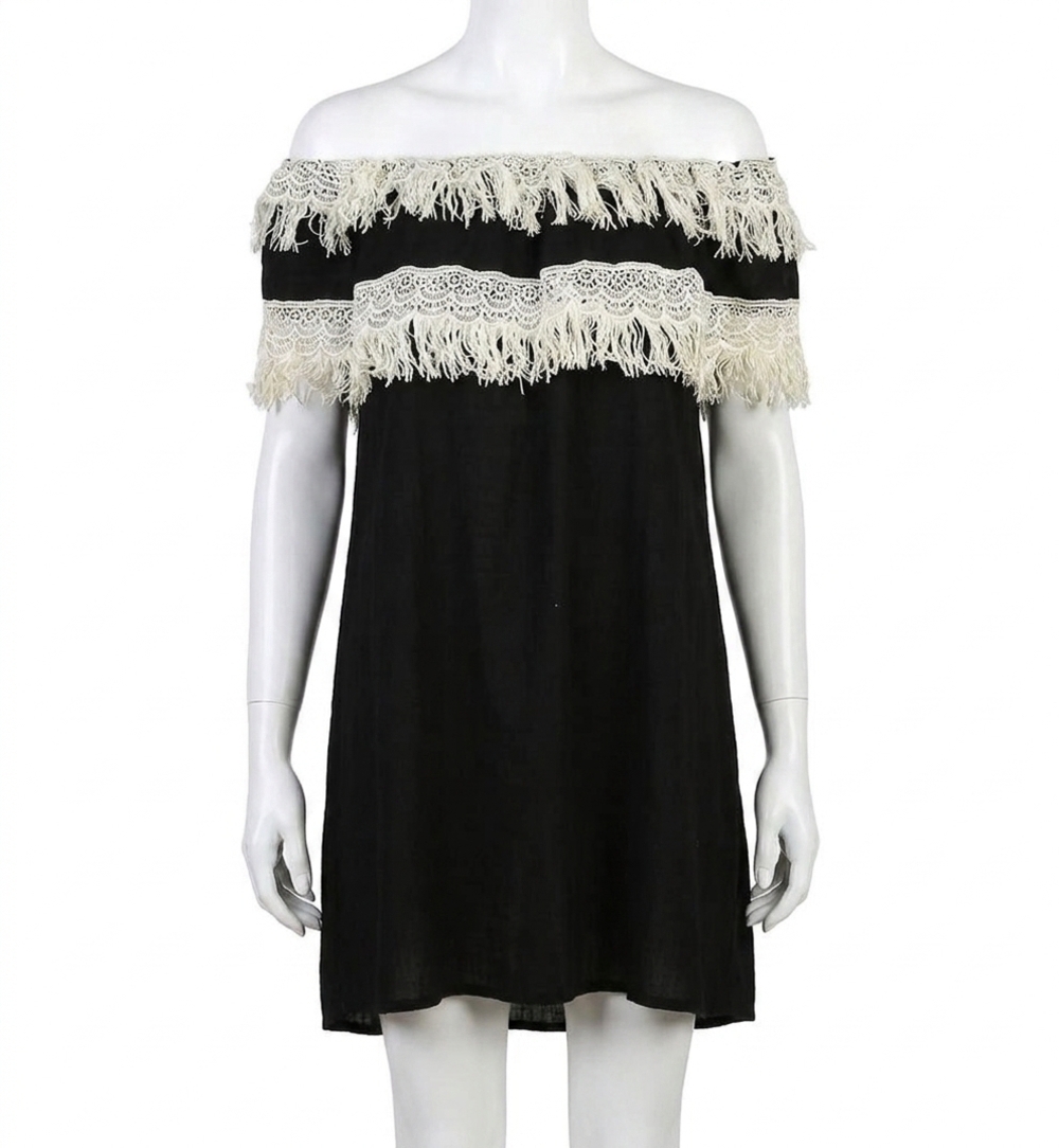 NEW VELZERA off the shoulder fringe mini dress in black